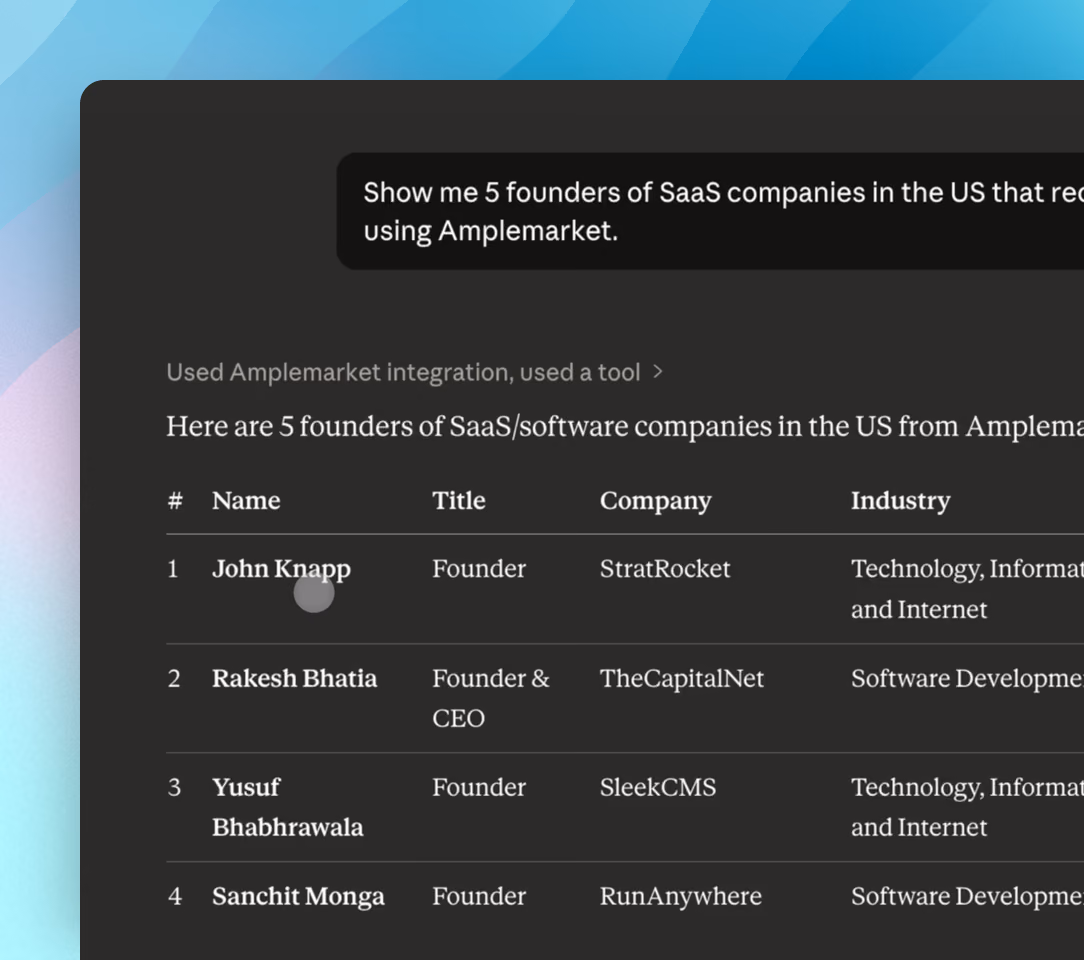 Claude answering a prompt with a table of SaaS founders pulled from Amplemarket